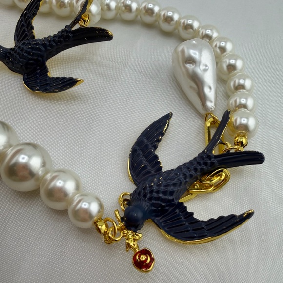 Anthropologie Blue Swallow Pearl Statement Necklace Gold Accent - Picture 9 of 14